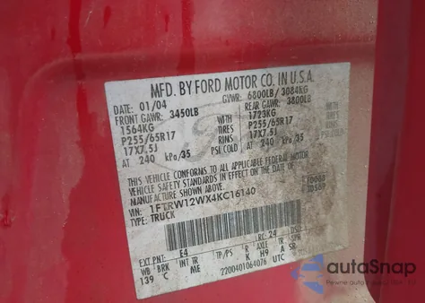 2004 Ford F-150 Xlt from USA, damaged, VIN 1FTRW12WX4KC16140